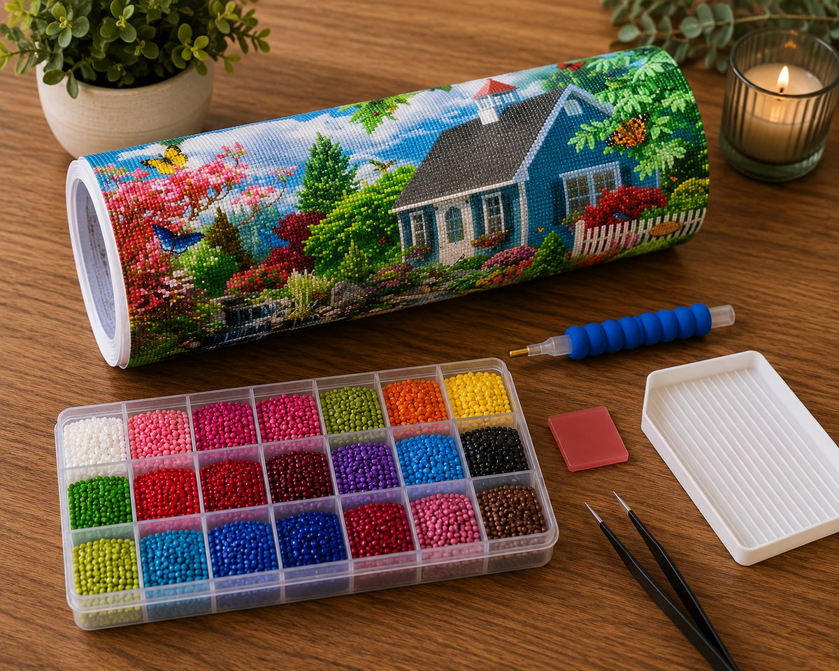 Rolled canvas and supplies for the stone cottage church and wildflower stream kit, including drill organizer, applicator pen, tweezers, and wax pad | Azurra Shop