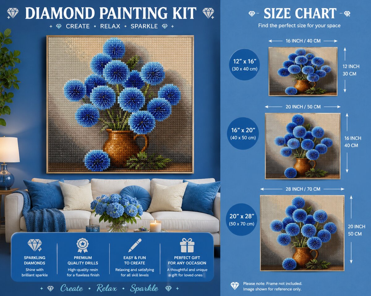 Blue allium in copper pitcher diamond painting framed on a blue wall, available in 12 by 16 to 20 by 28 inch sizes | Azurra Shop