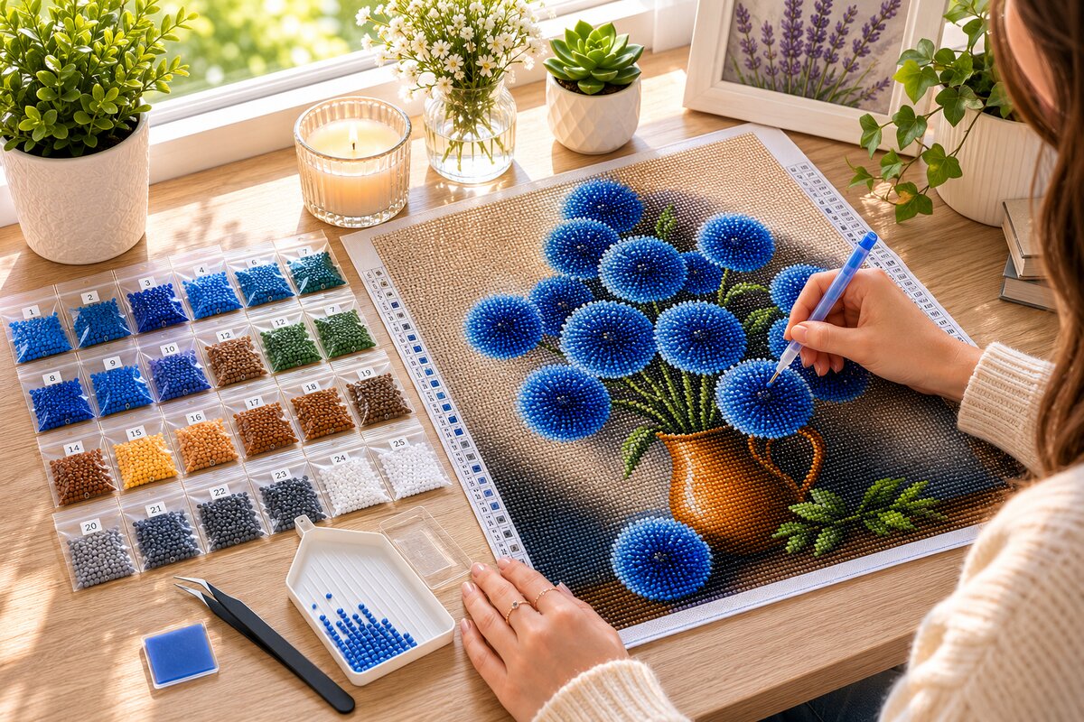 Woman placing diamonds on the blue allium in copper pitcher canvas at a desk by a window | Azurra Shop