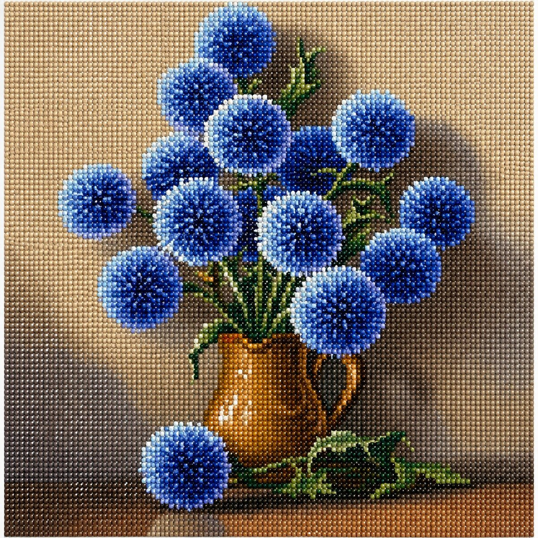 Finished blue allium in copper pitcher diamond painting with round blue flower blooms in a copper jug on a tan background | Azurra Shop