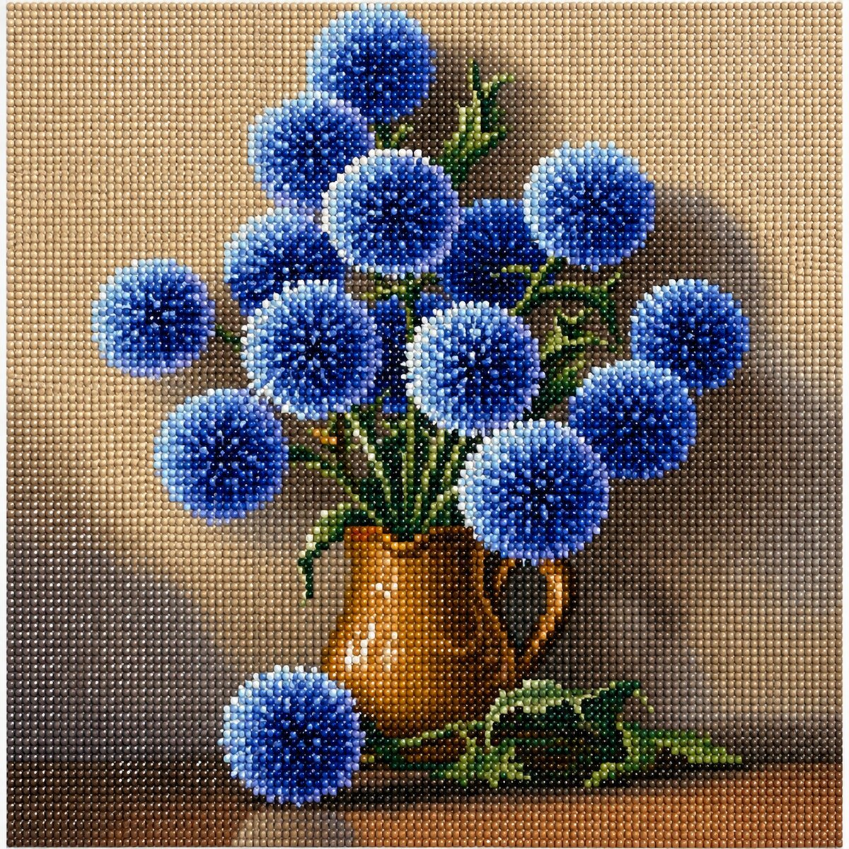 Finished blue allium in copper pitcher diamond painting with round blue flower blooms in a copper jug on a tan background | Azurra Shop