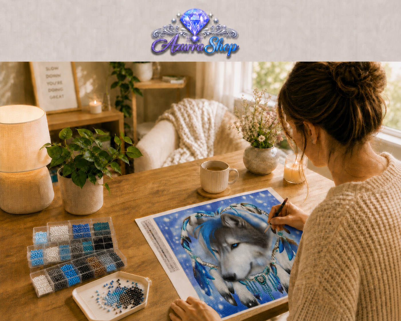 Wolf Blue Heart Feathers Diamond Painting Kit