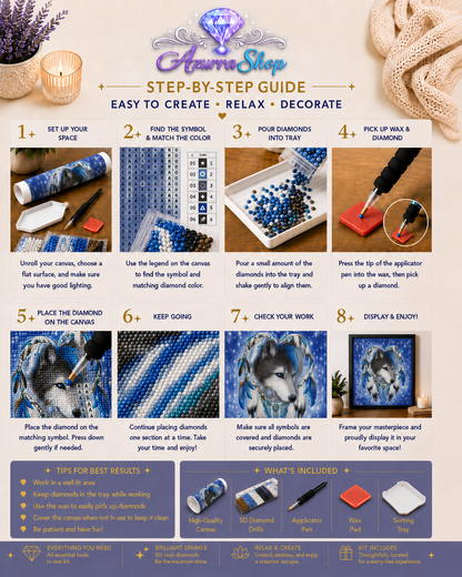 Wolf Blue Heart Feathers Diamond Painting Kit