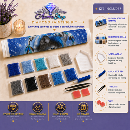 Wolf Blue Heart Feathers Diamond Painting Kit