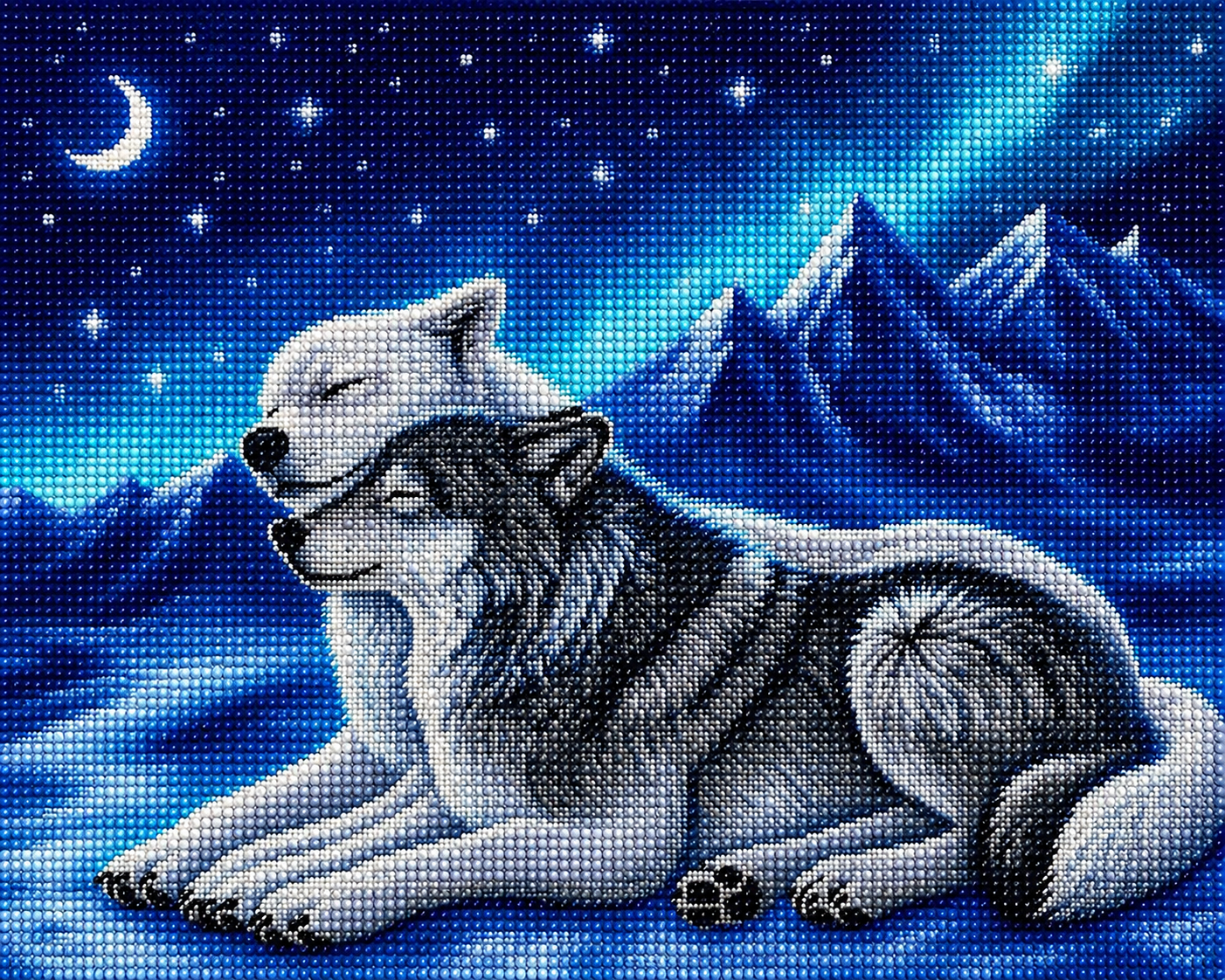 Wolves at night diamond painting kit close-up – two wolves emerging from a misty blue moonlit atmosphere, ethereal cool tones, sparkling full drill 5D resin diamond texture — Azurra Shop
