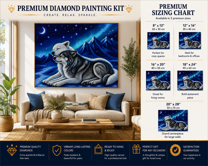 Wolves at night diamond painting kit size chart – 5 sizes from 8" x 12" to 20" x 28", framed finished wolf pair art on living room wall, premium quality diamonds — Azurra Shop
