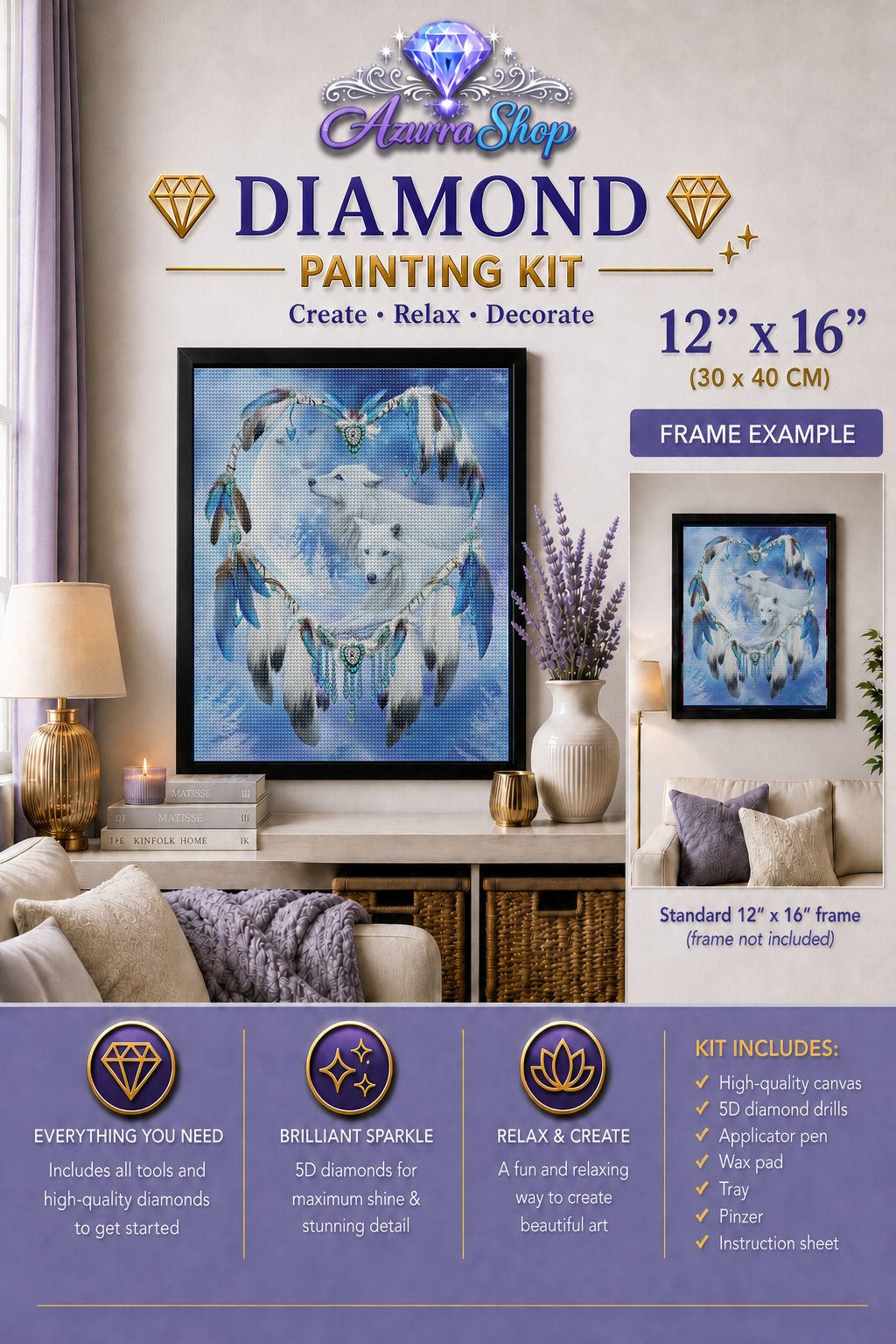 Wolf Blue Heart Feathers Diamond Painting Kit