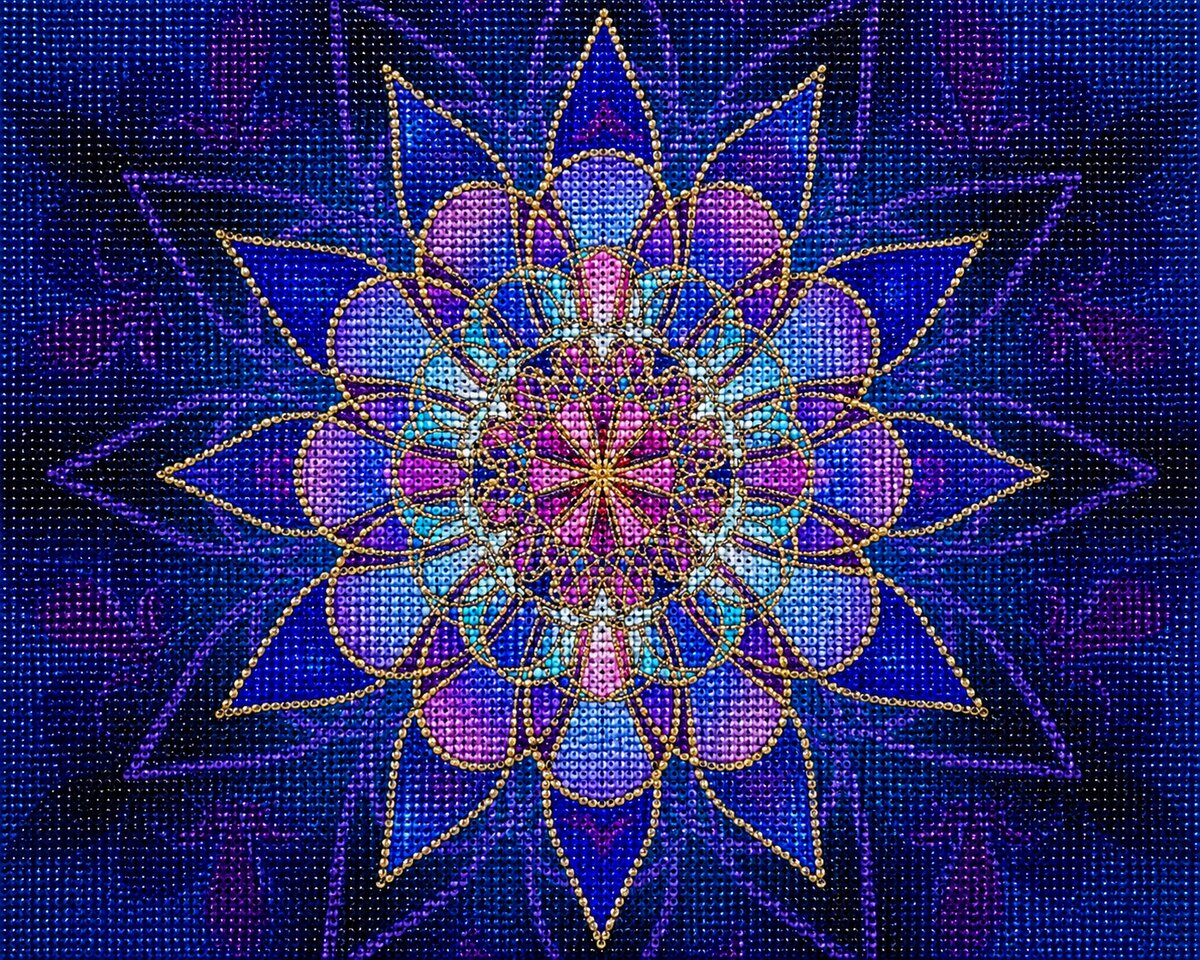 Finished blue stained glass lotus mandala diamond painting with cobalt blue star petals and a pink and teal center | Azurra Shop