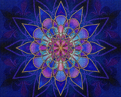 Finished blue stained glass lotus mandala diamond painting with cobalt blue star petals and a pink and teal center | Azurra Shop