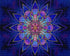 Finished blue stained glass lotus mandala diamond painting with cobalt blue star petals and a pink and teal center | Azurra Shop