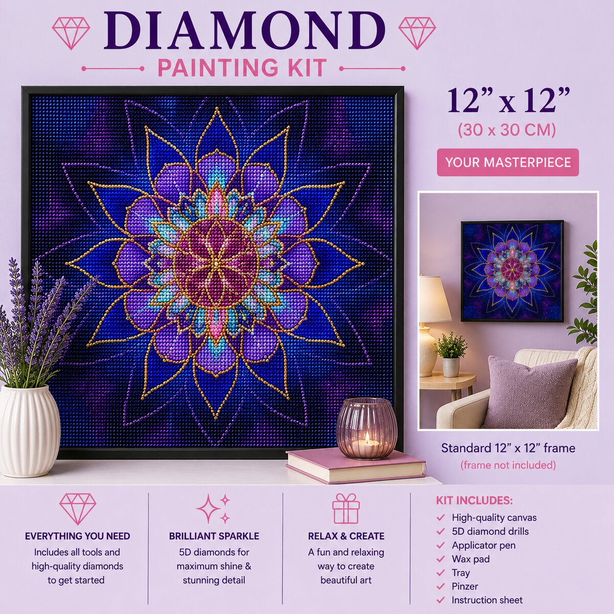 Blue stained glass lotus mandala diamond painting framed on a wall, available in a 12 by 12 inch size | Azurra Shop