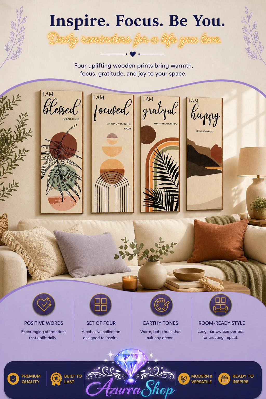 Four vertical wooden wall art panels reading "blessed," "focused," "grateful," and "happy" in black script, each with an abstract earth-toned pattern, displayed on a wall above a beige sofa with cream pillows and a potted plant.