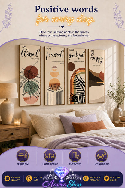 Four vertical wooden wall art panels reading "blessed," "focused," "grateful," and "happy" in black script, each with an abstract earth-toned pattern, hung above a bed with cream and rust-colored bedding, a nightstand, and a lit candle.