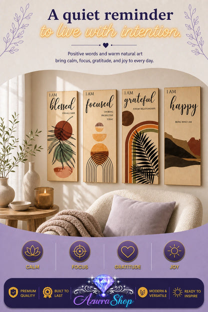 Four vertical wooden wall art panels reading "blessed," "focused," "grateful," and "happy" in black script, each with an abstract earth-toned pattern, hung above a cream armchair with a throw blanket and pillow, near a window with natural light.