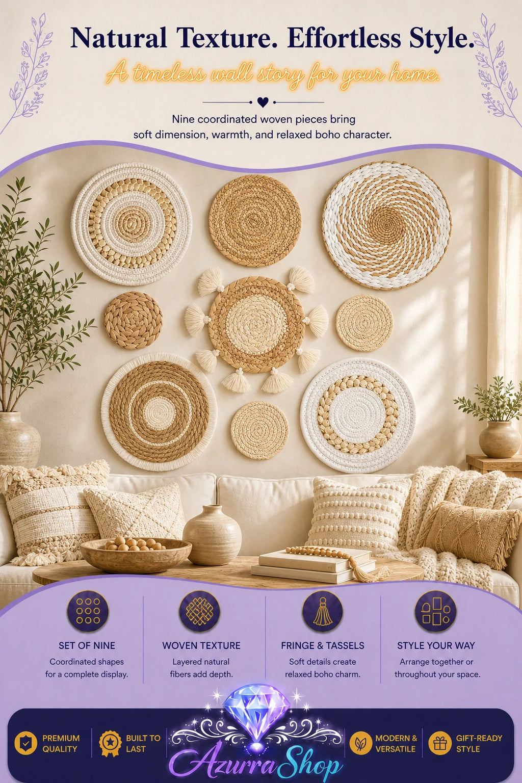 Round and spiral woven wall baskets in natural tan and brown tones, arranged in a cluster above a beige sofa in a bright living room.