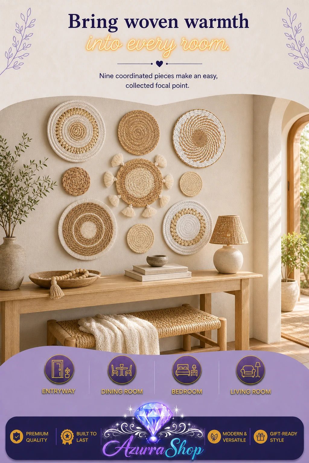 Round woven wall baskets in tan and cream tones, arranged above a wooden console table with a woven lamp, small bowl, and stacked books, near an arched doorway.