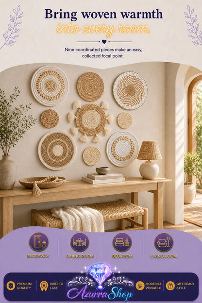 Round woven wall baskets in tan and cream tones, arranged above a wooden console table with a woven lamp, small bowl, and stacked books, near an arched doorway.