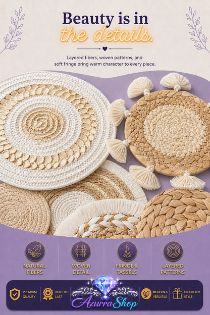 Close-up of round woven baskets and mats in white, cream, and tan tones, showing detailed weave texture and layered patterns.