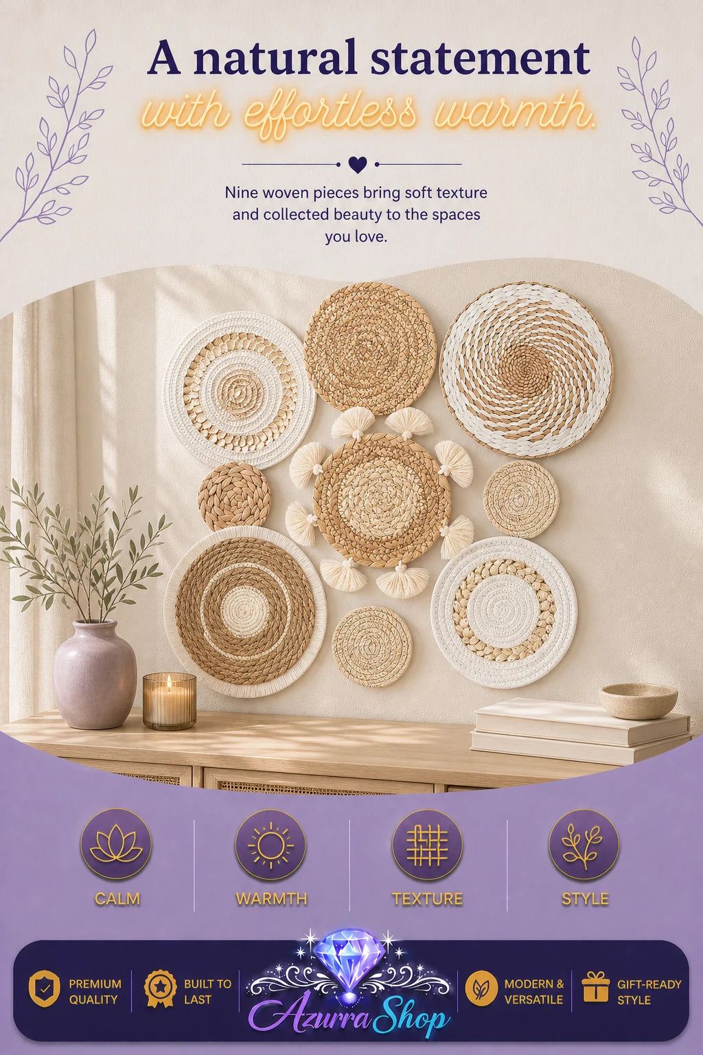 Round woven wall baskets in beige and cream tones, arranged above a wooden console table with a ceramic vase, greenery, candles, and stacked books.
