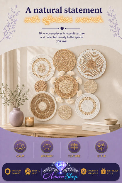 Round woven wall baskets in beige and cream tones, arranged above a wooden console table with a ceramic vase, greenery, candles, and stacked books.