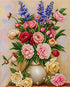 Finished vintage floral bouquet in vase diamond painting with pink yellow and red roses and blue delphinium in a white vase | Azurra Shop