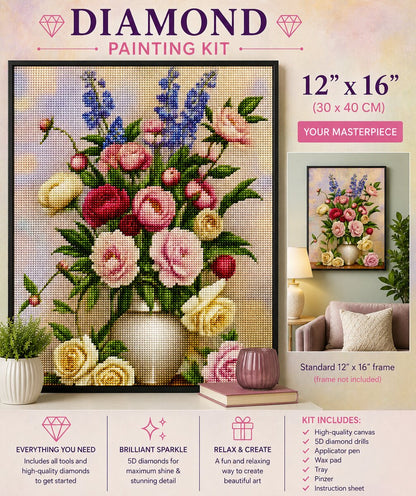 Vintage floral bouquet in vase diamond painting framed on a sage green wall, 12 by 16 inch size | Azurra Shop