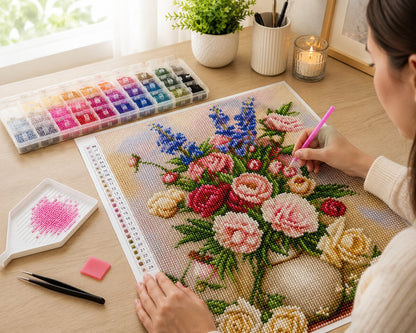 Woman placing diamonds on the vintage floral bouquet canvas at a desk with candle and diamond tray | Azurra Shop