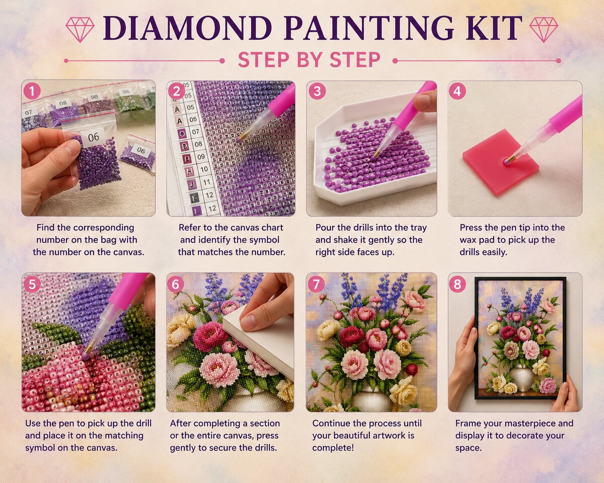 Eight step instructions for completing a diamond painting kit from finding symbols to framing | Azurra Shop