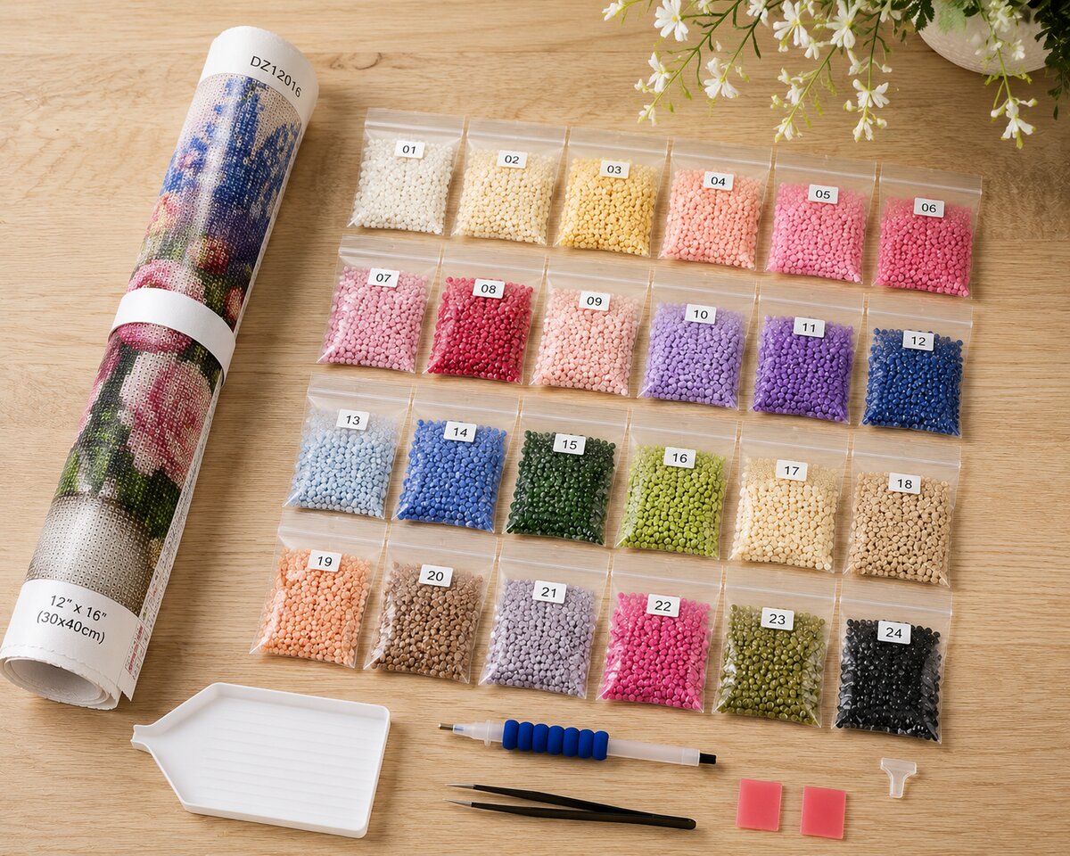 Diamond painting kit supplies including rolled canvas, 24 numbered diamond bags, tray, pen, and tweezers | Azurra Shop