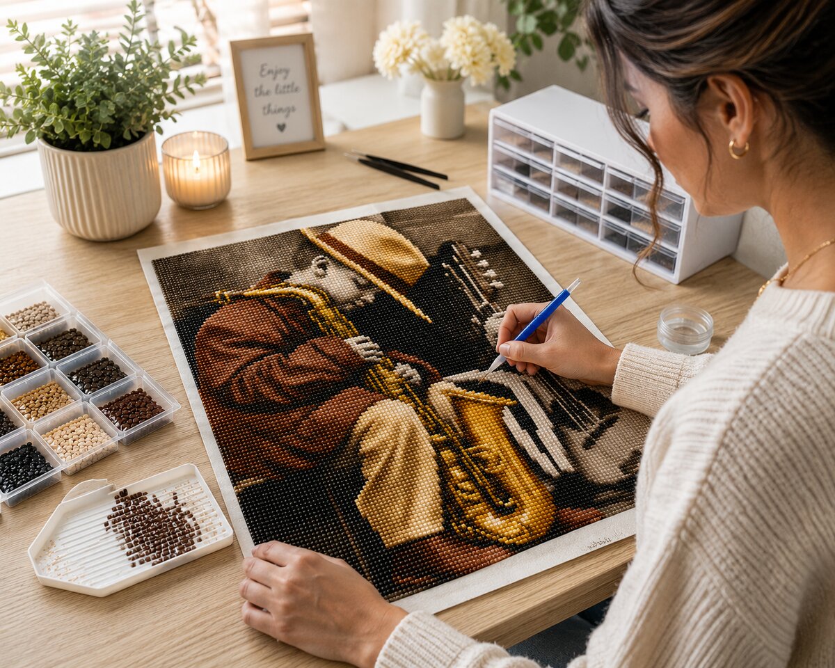 Working on the boy with saxophone kit at a desk by a window with a candle and fresh flowers | Azurra Shop