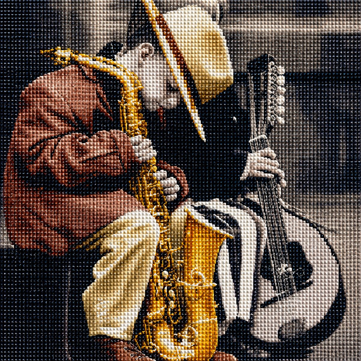 Close up of the finished boy with saxophone diamond painting in warm sepia tones with a mandolin resting beside him | Azurra Shop