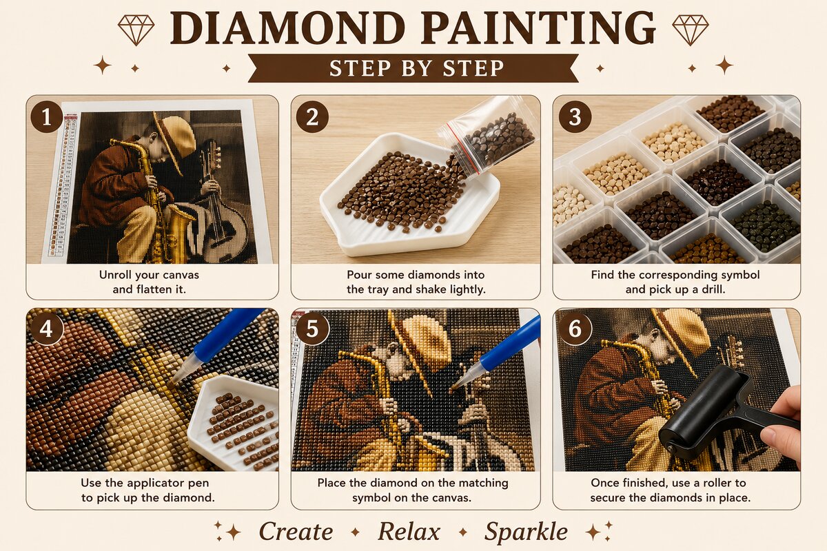 Six step guide showing how to complete the boy with saxophone diamond painting | Azurra Shop