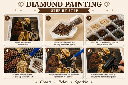 Six step guide showing how to complete the boy with saxophone diamond painting | Azurra Shop