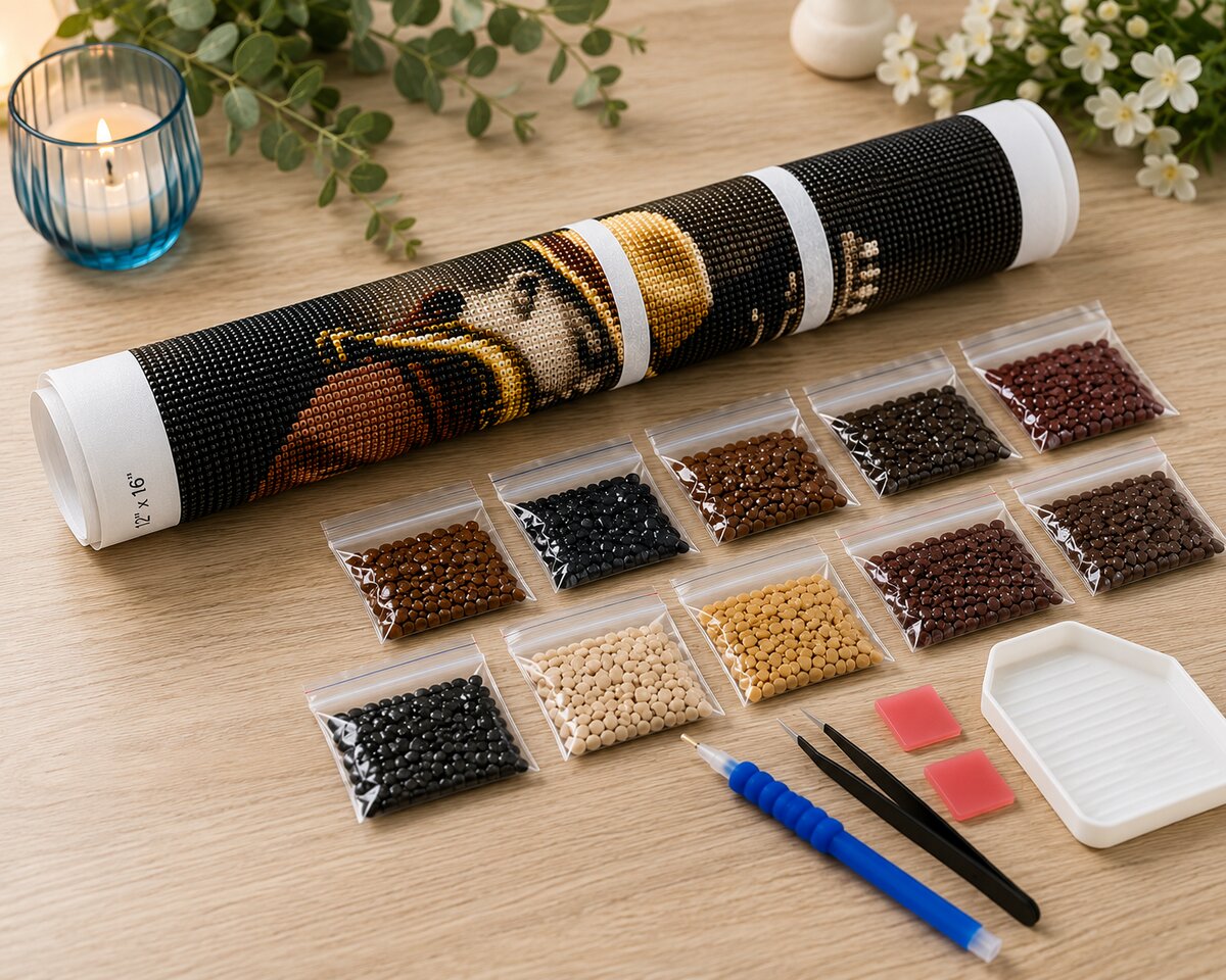 Rolled canvas and full supplies for the boy with saxophone kit, including diamond bags, applicator pen, and tweezers | Azurra Shop