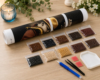 Rolled canvas and full supplies for the boy with saxophone kit, including diamond bags, applicator pen, and tweezers | Azurra Shop