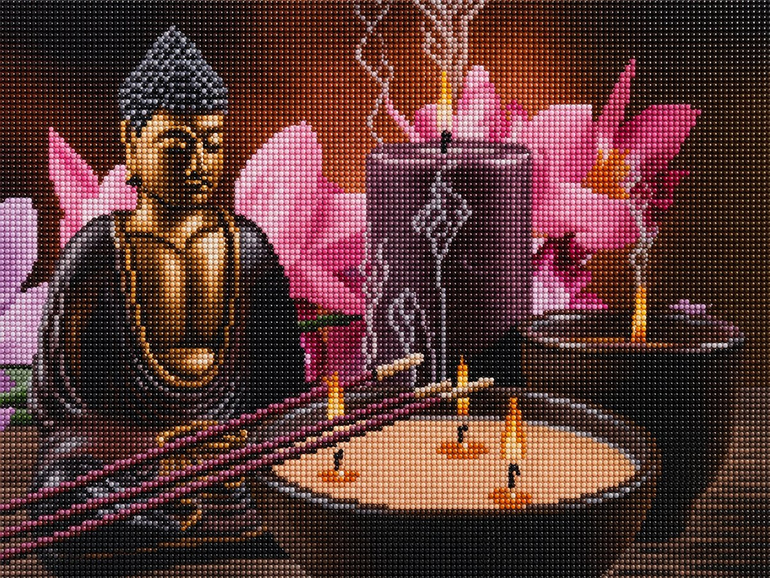 Close up of the finished bronze Buddha by candlelight diamond painting with sparkling drills