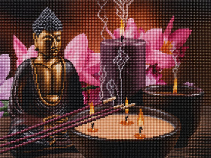 Close up of the finished bronze Buddha by candlelight diamond painting with sparkling drills