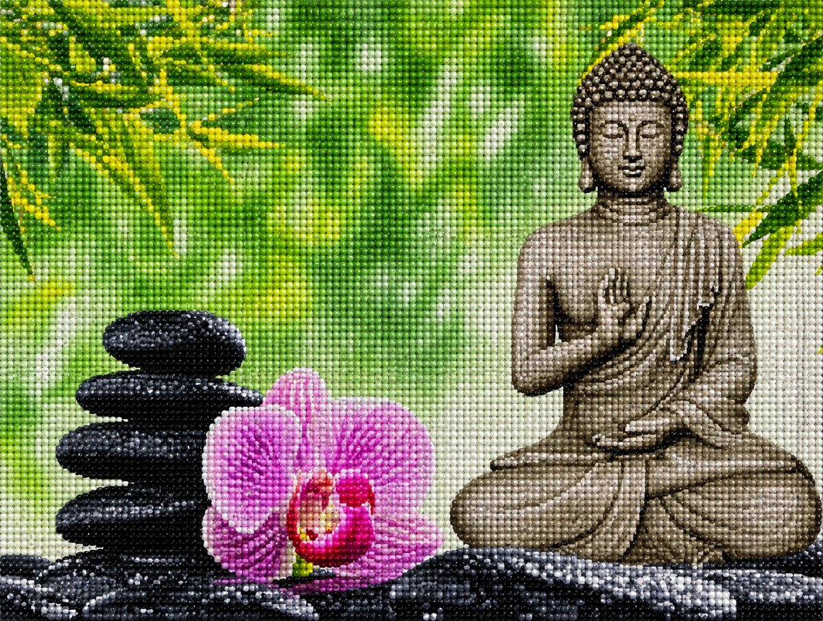 Close up of the finished bronze Buddha and pink orchid diamond painting with sparkling drills
