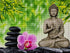 Close up of the finished bronze Buddha and pink orchid diamond painting with sparkling drills