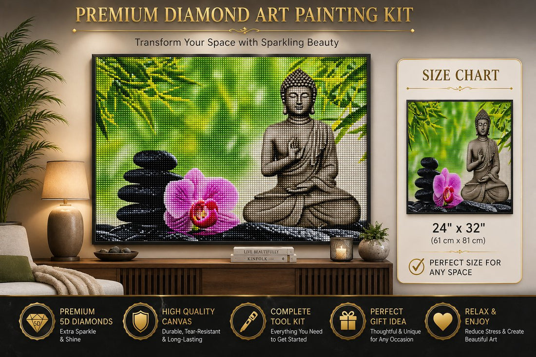 Rolled canvas and supplies for the bronze Buddha and pink orchid kit, including drills and applicator pen