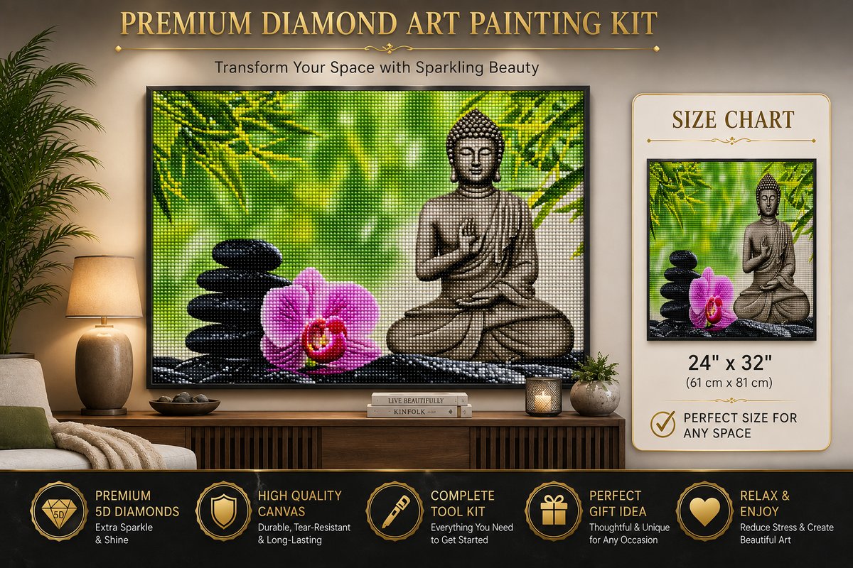 Rolled canvas and supplies for the bronze Buddha and pink orchid kit, including drills and applicator pen