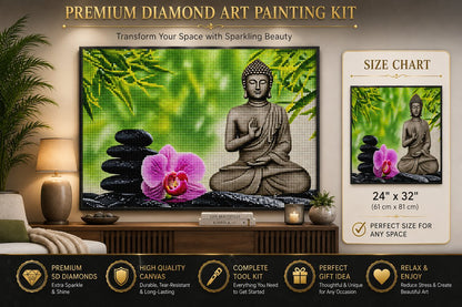 Rolled canvas and supplies for the bronze Buddha and pink orchid kit, including drills and applicator pen
