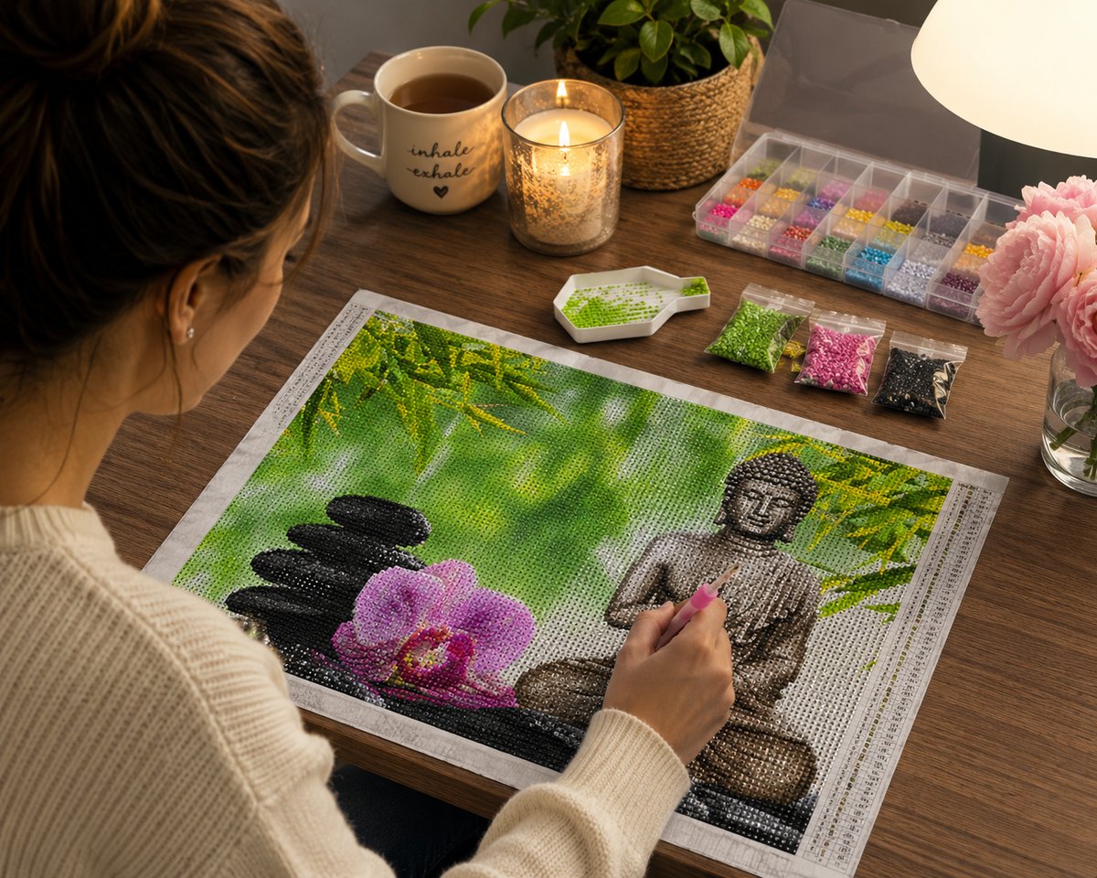 Working on the bronze Buddha and pink orchid kit at a cozy candlelit desk
