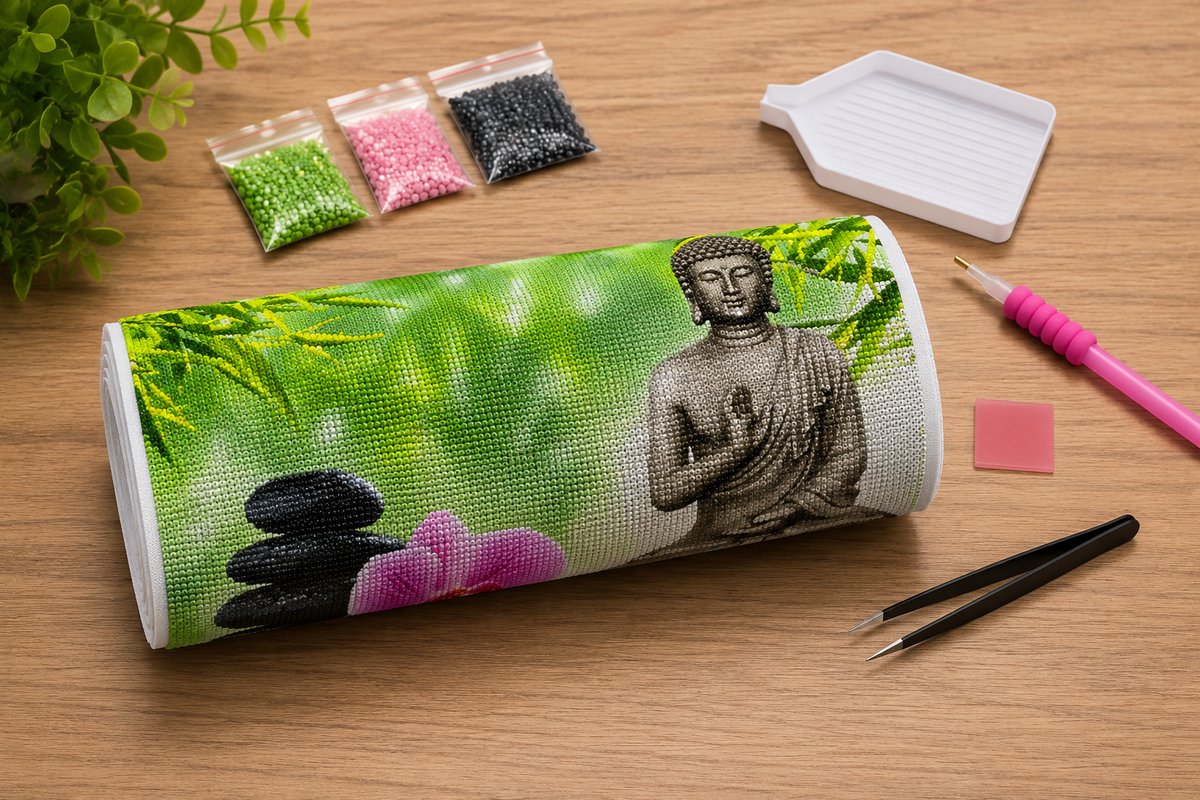 Supplies laid out for the bronze Buddha and pink orchid diamond painting kit