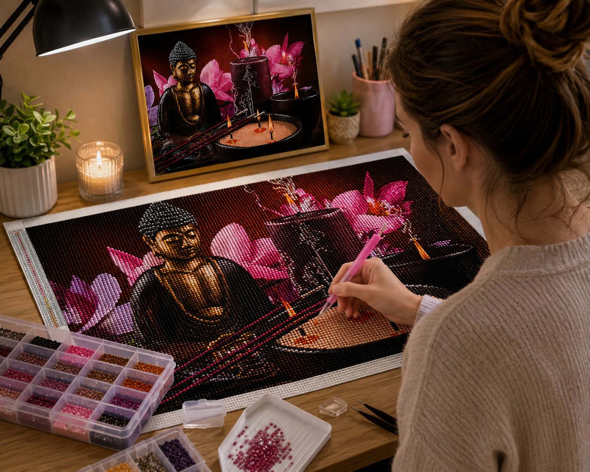 Working on the bronze Buddha by candlelight kit at a lamp-lit desk