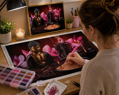 Working on the bronze Buddha by candlelight kit at a lamp-lit desk