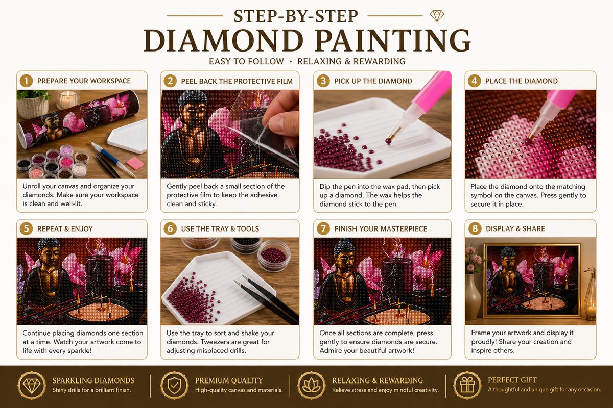 Step by step guide showing how to complete the bronze Buddha by candlelight diamond painting
