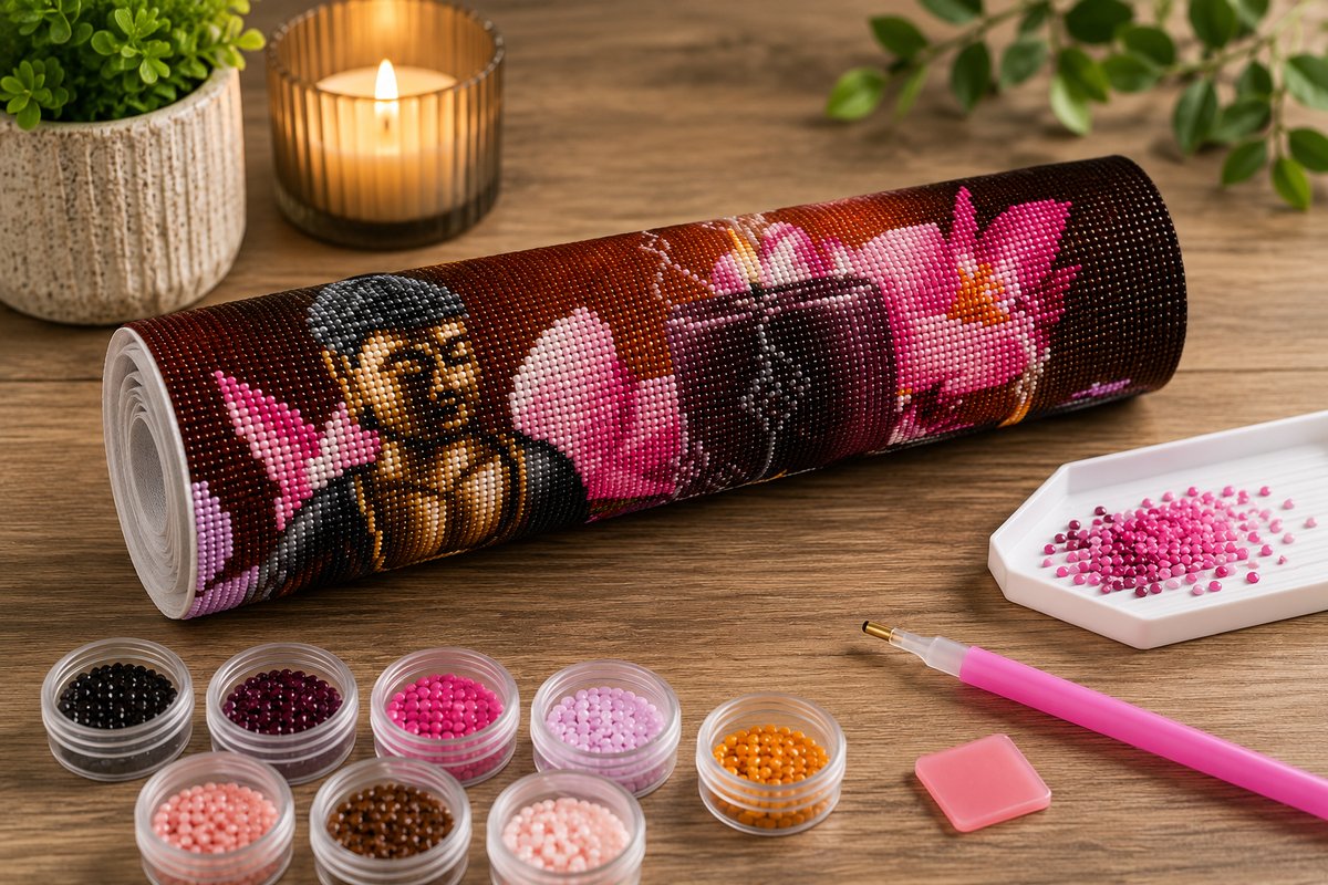 Supplies laid out for the bronze Buddha by candlelight diamond painting kit