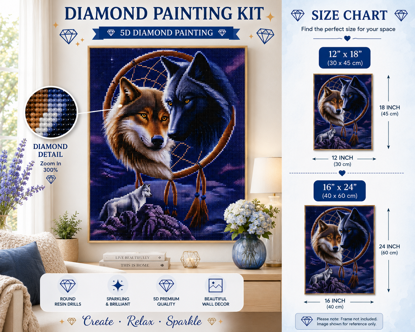 Yin Yang Wolves &amp; Dreamcatcher Diamond Painting Kit – size chart showing 12" x 18" and 16" x 24" options with framed canvas displayed in bright living room, round resin drills, 5D premium quality — Azurra Shop
