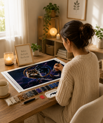 Yin Yang Wolves &amp; Dreamcatcher Diamond Painting Kit – woman placing resin drills on yin yang wolf canvas at a cozy candlelit home workspace with organized diamond packets, tray, and relax refresh recharge sign — Azurra Shop
